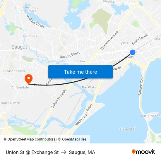 Union St @ Exchange St to Saugus, MA map