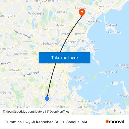 Cummins Hwy @ Kennebec St to Saugus, MA map