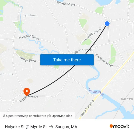 Holyoke St @ Myrtle St to Saugus, MA map