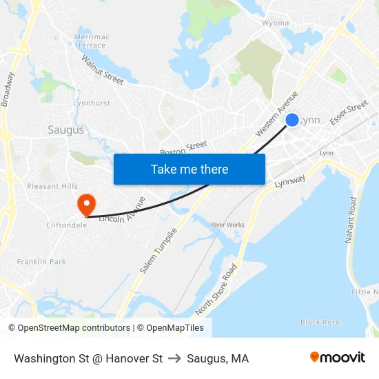 Washington St @ Hanover St to Saugus, MA map