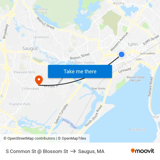 S Common St @ Blossom St to Saugus, MA map