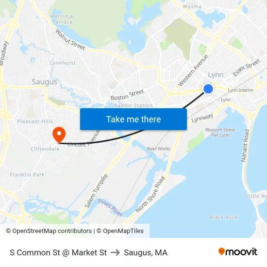 S Common St @ Market St to Saugus, MA map