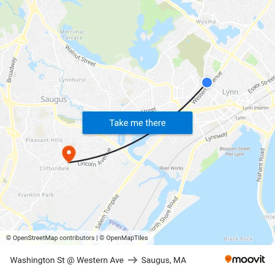 Washington St @ Western Ave to Saugus, MA map