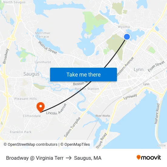 Broadway @ Virginia Terr to Saugus, MA map