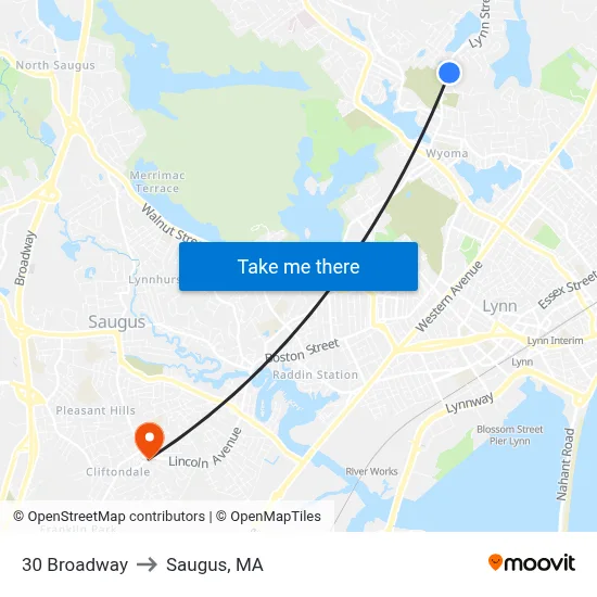 30 Broadway to Saugus, MA map