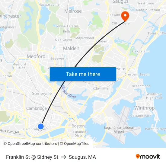 Franklin St @ Sidney St to Saugus, MA map
