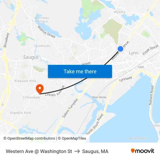 Western Ave @ Washington St to Saugus, MA map
