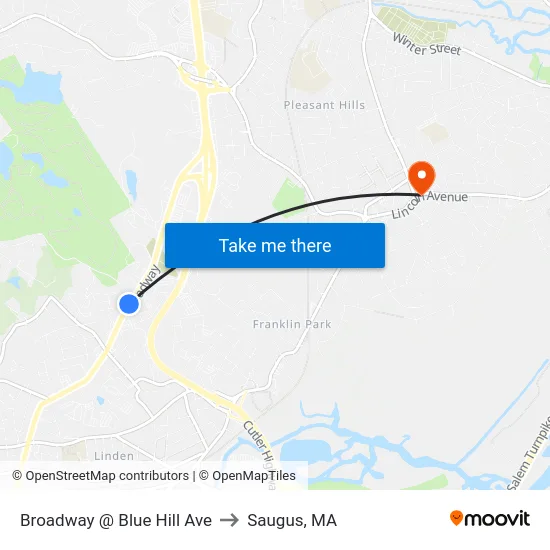Broadway @ Blue Hill Ave to Saugus, MA map