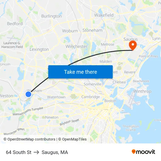 64 South St to Saugus, MA map