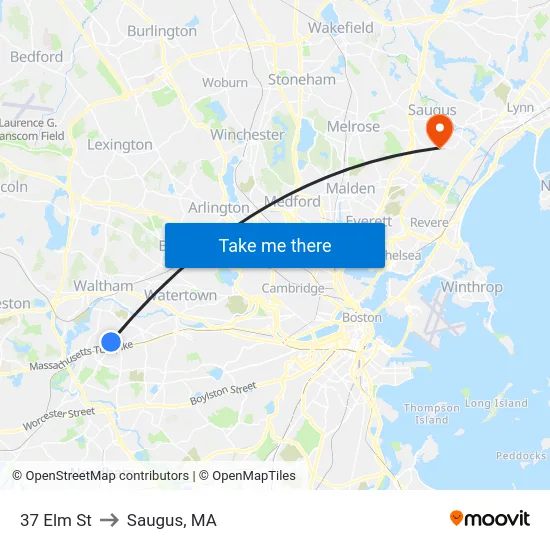 37 Elm St to Saugus, MA map