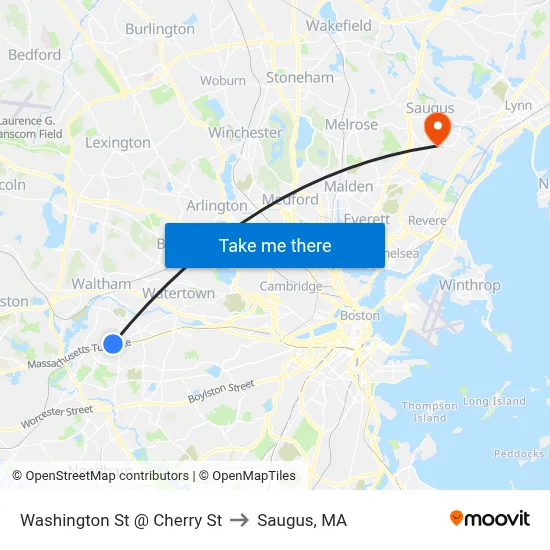 Washington St @ Cherry St to Saugus, MA map