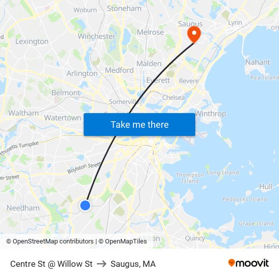 Centre St @ Willow St to Saugus, MA map