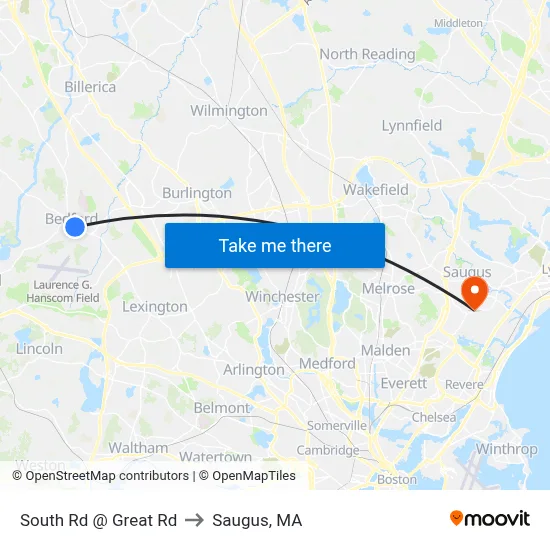 South Rd @ Great Rd to Saugus, MA map