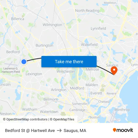 Bedford St @ Hartwell Ave to Saugus, MA map