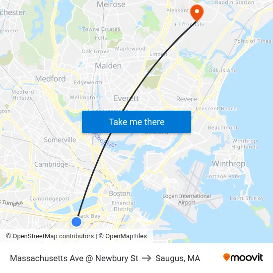 Massachusetts Ave @ Newbury St to Saugus, MA map