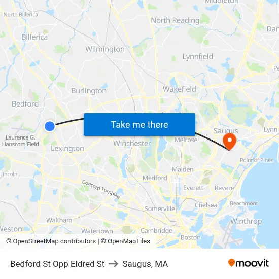 Bedford St Opp Eldred St to Saugus, MA map