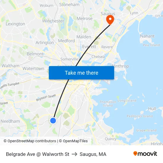 Belgrade Ave @ Walworth St to Saugus, MA map