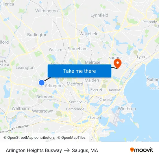Arlington Heights Busway to Saugus, MA map