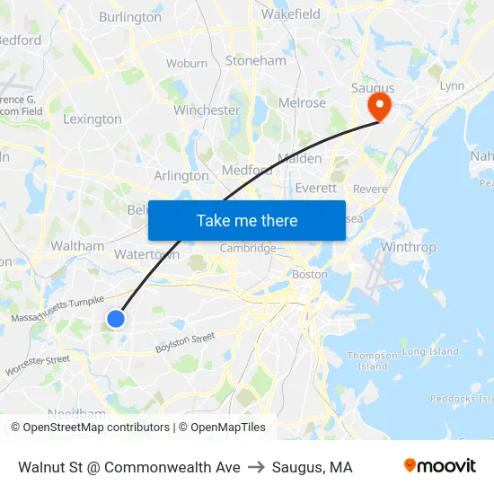 Walnut St @ Commonwealth Ave to Saugus, MA map