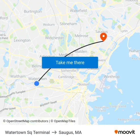 Watertown Sq Terminal to Saugus, MA map