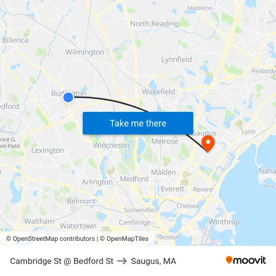 Cambridge St @ Bedford St to Saugus, MA map