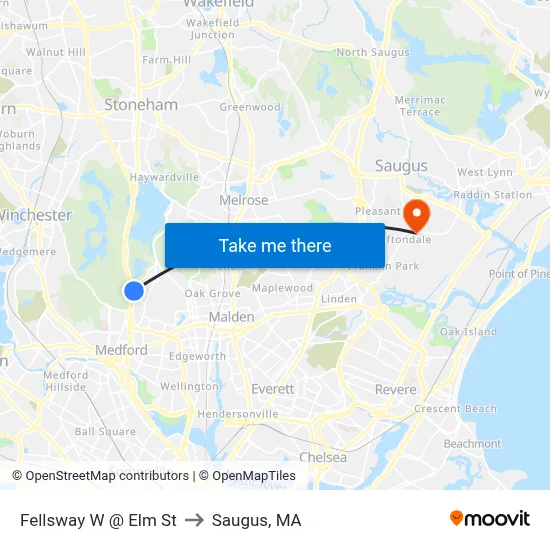 Fellsway W @ Elm St to Saugus, MA map