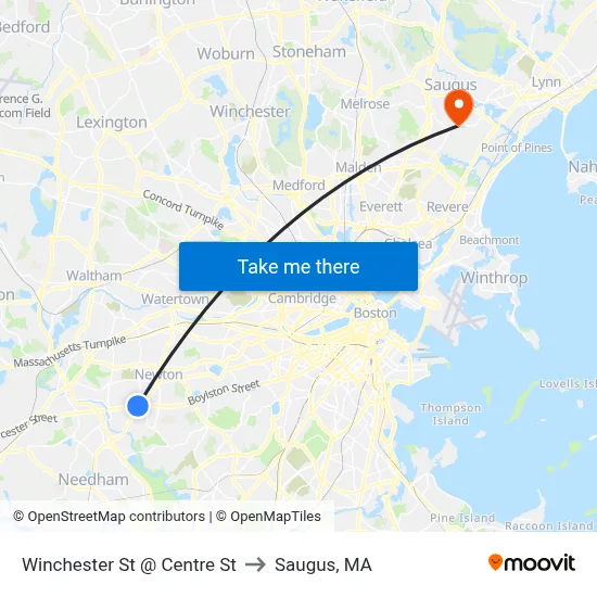 Winchester St @ Centre St to Saugus, MA map
