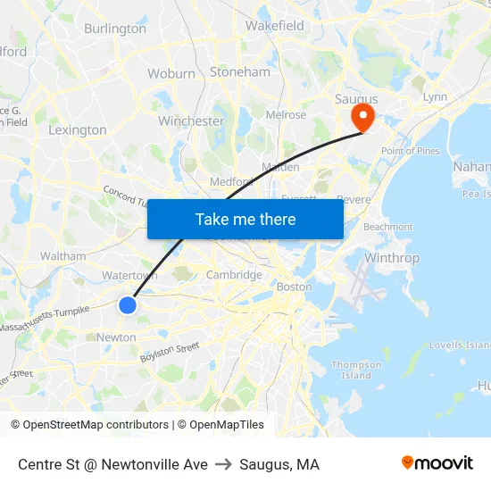Centre St @ Newtonville Ave to Saugus, MA map