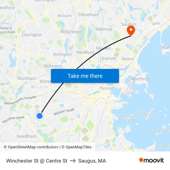 Winchester St @ Centre St to Saugus, MA map