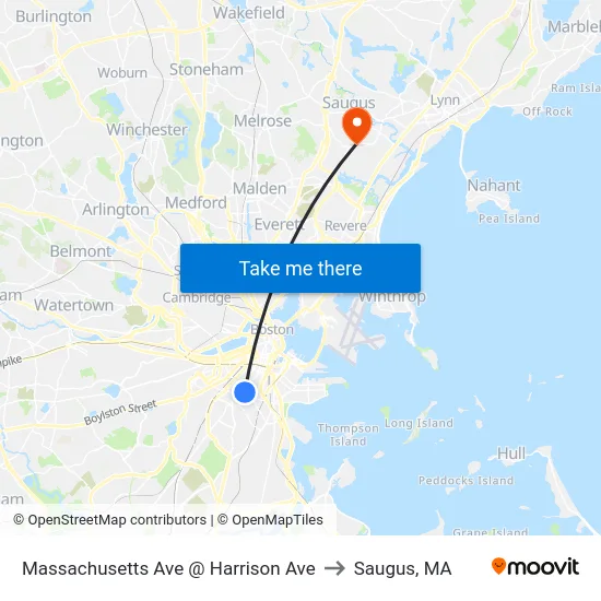 Massachusetts Ave @ Harrison Ave to Saugus, MA map