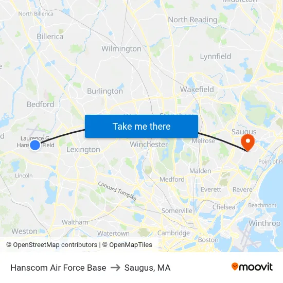 Hanscom Air Force Base to Saugus, MA map