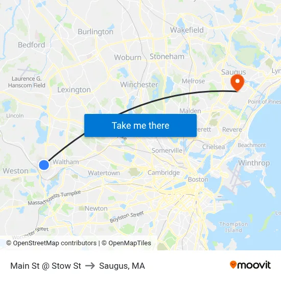 Main St @ Stow St to Saugus, MA map