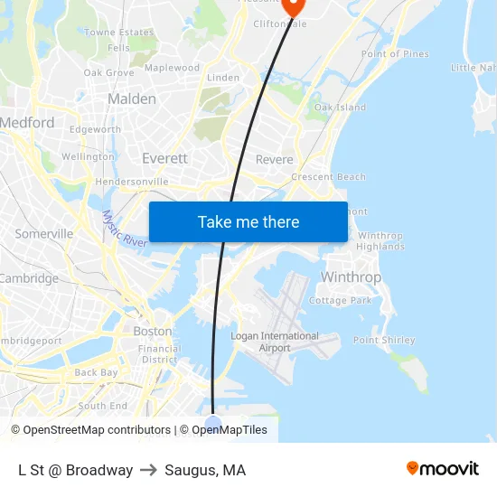 L St @ Broadway to Saugus, MA map