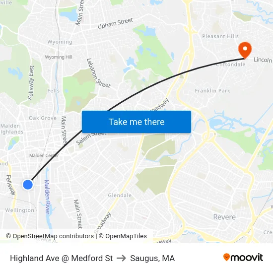 Highland Ave @ Medford St to Saugus, MA map