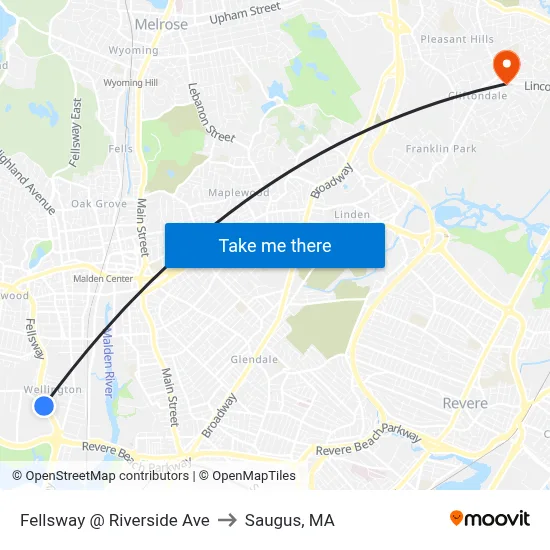 Fellsway @ Riverside Ave to Saugus, MA map