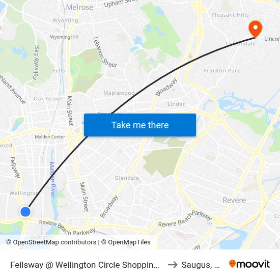 Fellsway @ Wellington Circle Shopping Ctr to Saugus, MA map