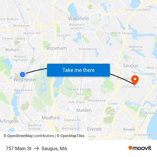 757 Main St to Saugus, MA map