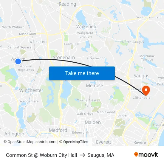 Common St @ Woburn City Hall to Saugus, MA map