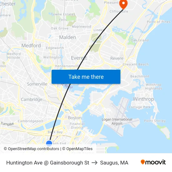 Huntington Ave @ Gainsborough St to Saugus, MA map