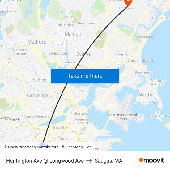Huntington Ave @ Longwood Ave to Saugus, MA map