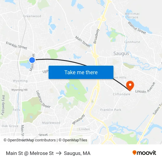 Main St @ Melrose St to Saugus, MA map