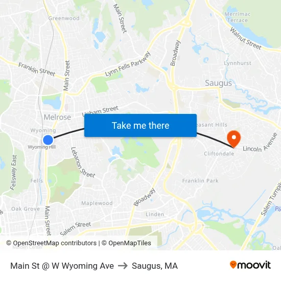 Main St @ W Wyoming Ave to Saugus, MA map