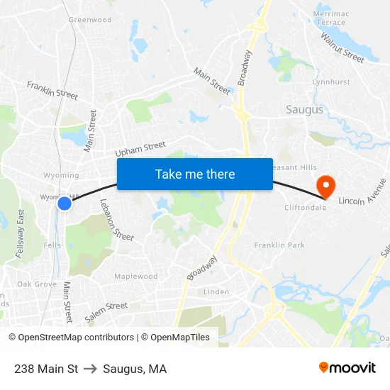 238 Main St to Saugus, MA map