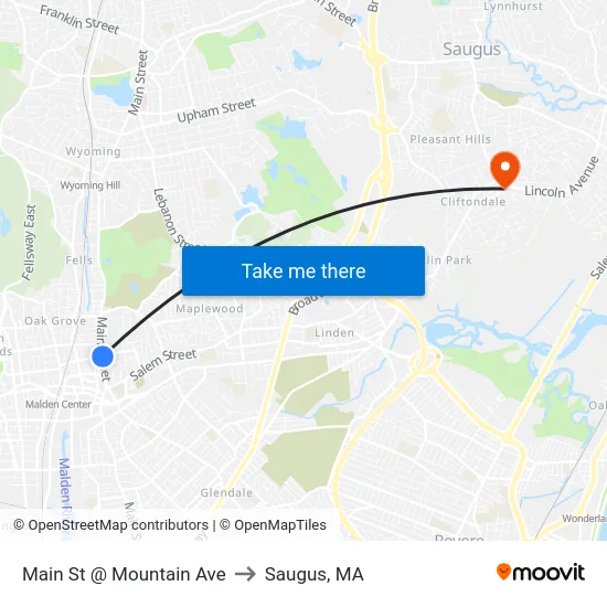 Main St @ Mountain Ave to Saugus, MA map