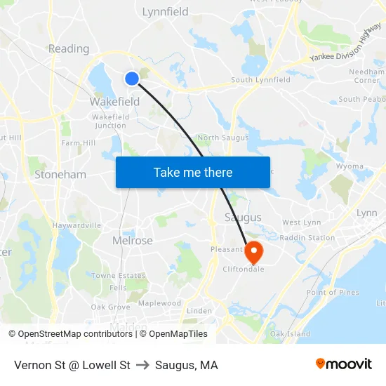 Vernon St @ Lowell St to Saugus, MA map