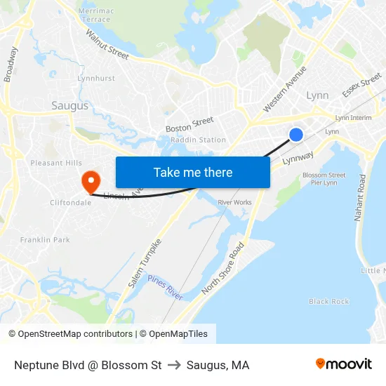 Neptune Blvd @ Blossom St to Saugus, MA map