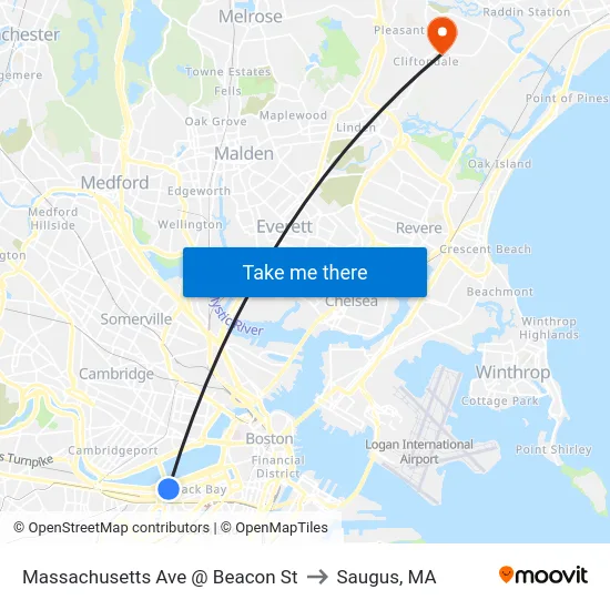 Massachusetts Ave @ Beacon St to Saugus, MA map