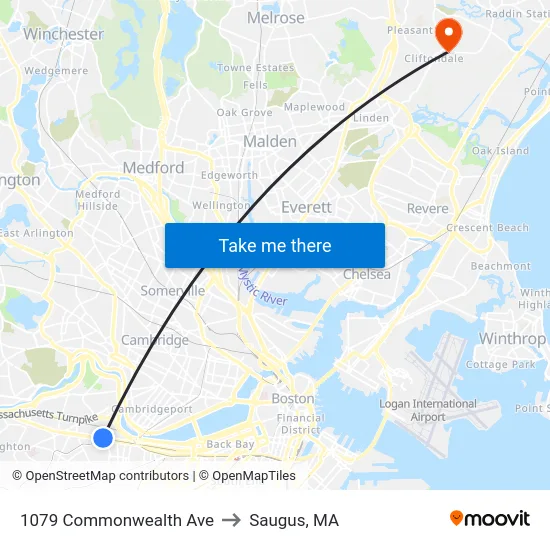 1079 Commonwealth Ave to Saugus, MA map