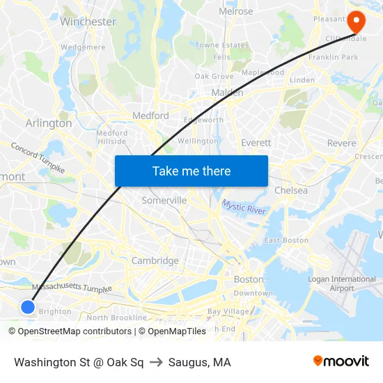 Washington St @ Oak Sq to Saugus, MA map