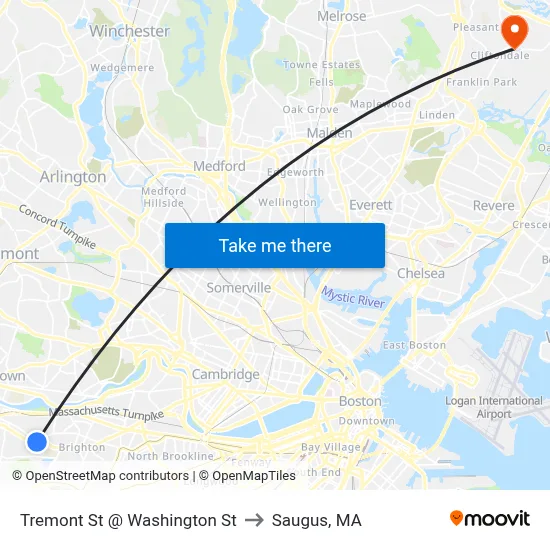 Tremont St @ Washington St to Saugus, MA map